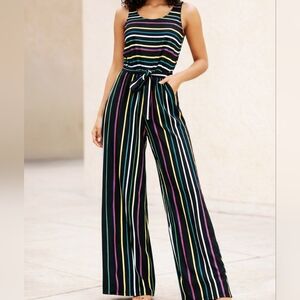 Black Striped Multicolor Wide-leg Tie-waist Jumpsuit